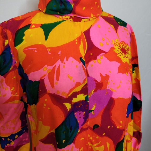 Neon Mod Mini Dress Handmade Bright Floral Long Sleeves Size Small Med Vintage - Picture 4 of 9